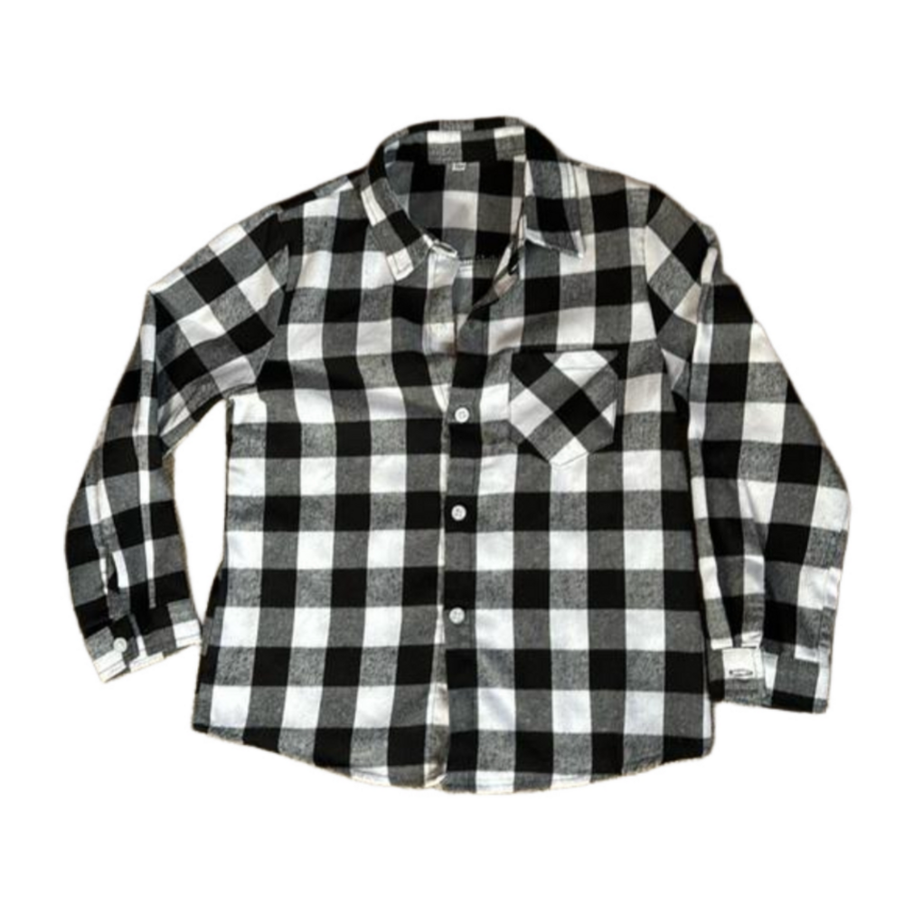Black and white plaid lightweight flannel Holiday button down long sleeve shirt